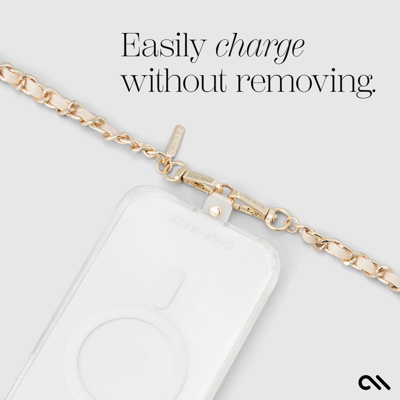 Gold chain attached to a phone case with text 'Easily charge without removing' on a light gray background.