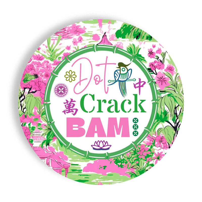 Circular design with floral patterns and text 'Dot Crack BAM' on a white background