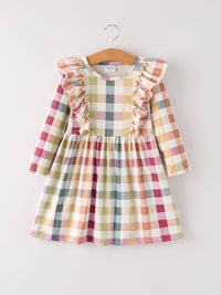 Fall & Thanksgiving Plaid Long Sleeve Girls Dress