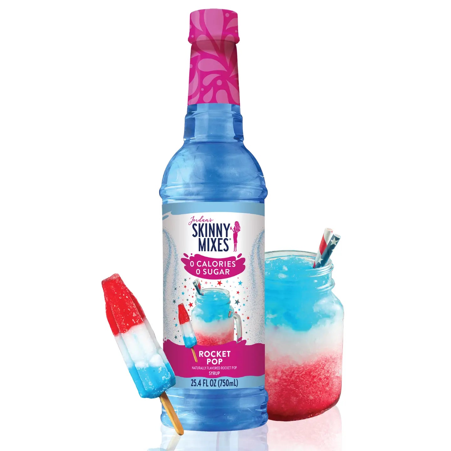 Skinny Mixes Rocket Pop syrup bottle with a popsicle and a jar of the drink on a white background