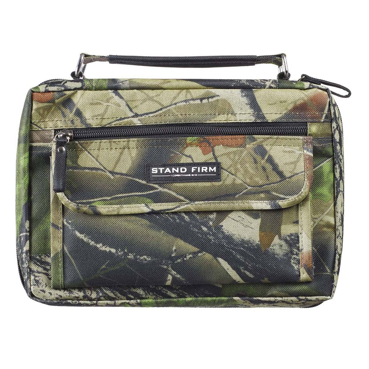 Camouflage bag with 'Stand Firm' branding on a white background