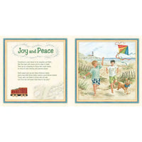 Illustrated card with two boys flying a kite on a beach, accompanied by a poem titled 'Joy and Peace'.