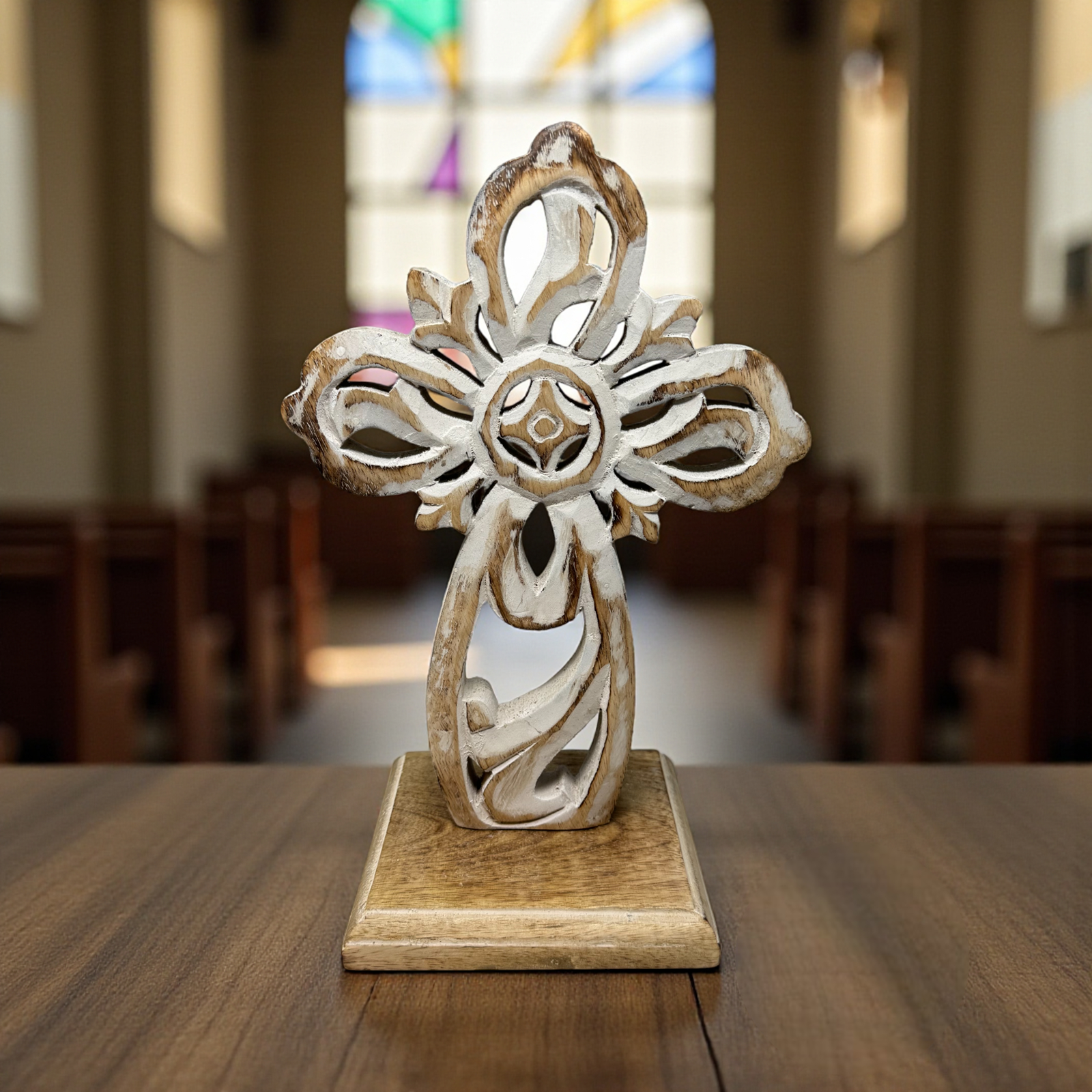 Double Sided Carved Mango Wood San Cristobal Table Cross