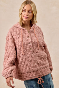 Quilted Knit Buttoned Hoodie Top With Pocket-Dusty Pink