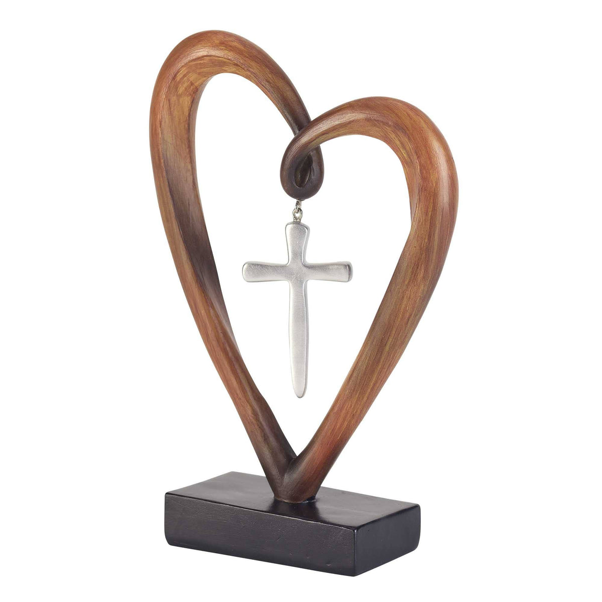 Wooden heart-shaped sculpture with a silver cross on a white background