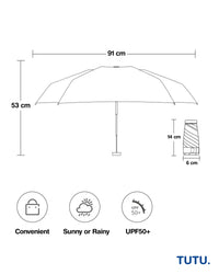 Measurement chart of an umbrella with dimensions and features on a white background