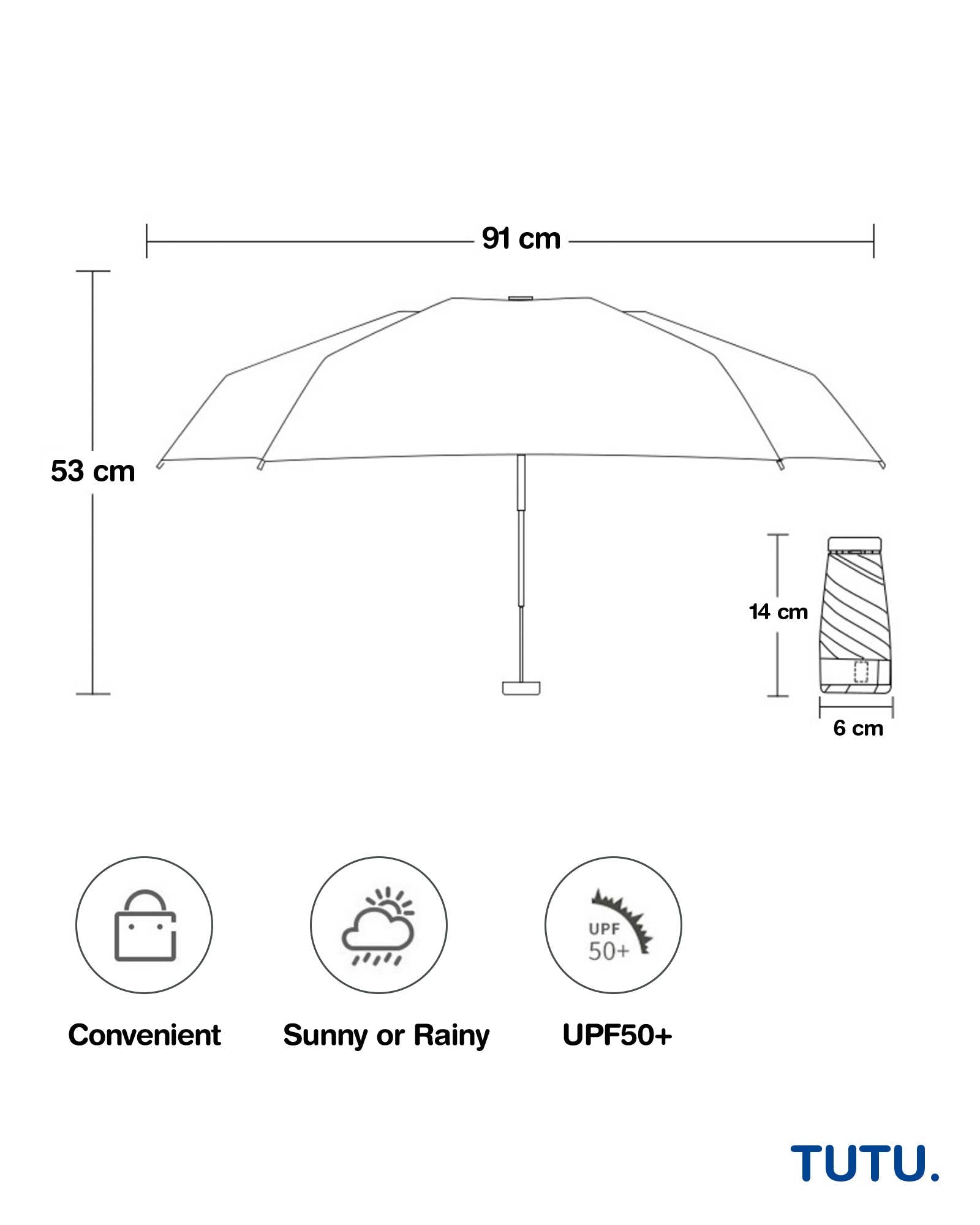 Measurement chart of an umbrella with dimensions and features on a white background