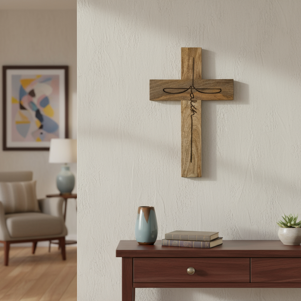 Faith Script Mango Wood Wall Cross – Natural Finish