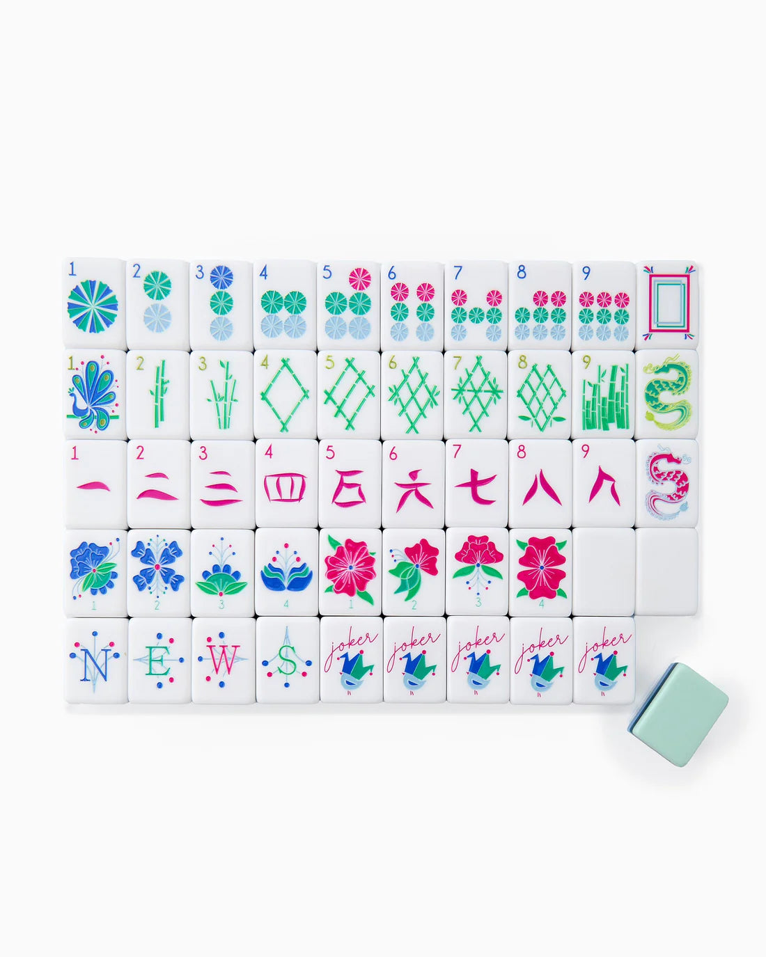 Set of colorful Mahjong tiles with various symbols on a white background