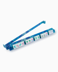 Blue marbled patterned mahjong rack and pusher set on a white background