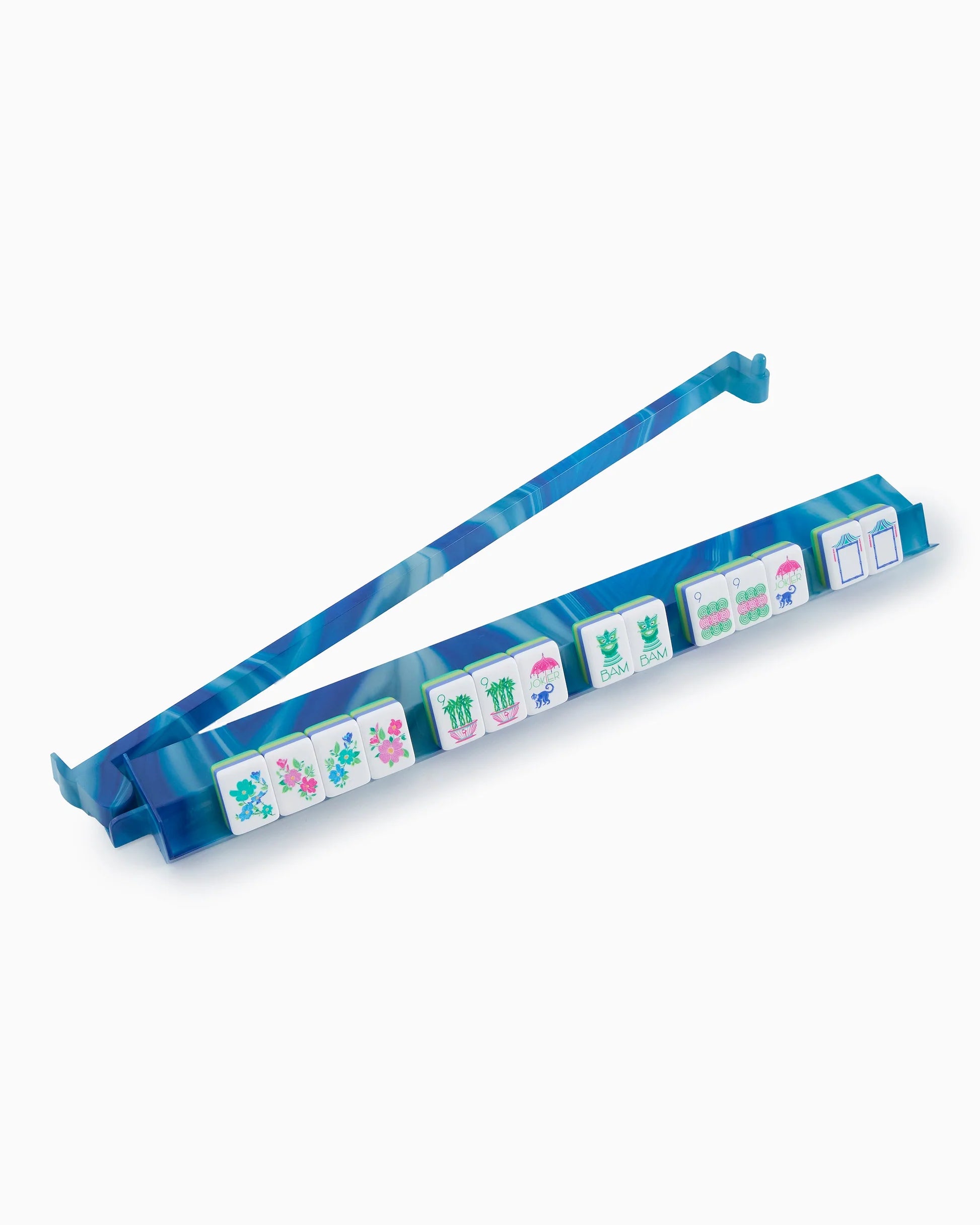 Blue marbled patterned mahjong rack and pusher set on a white background