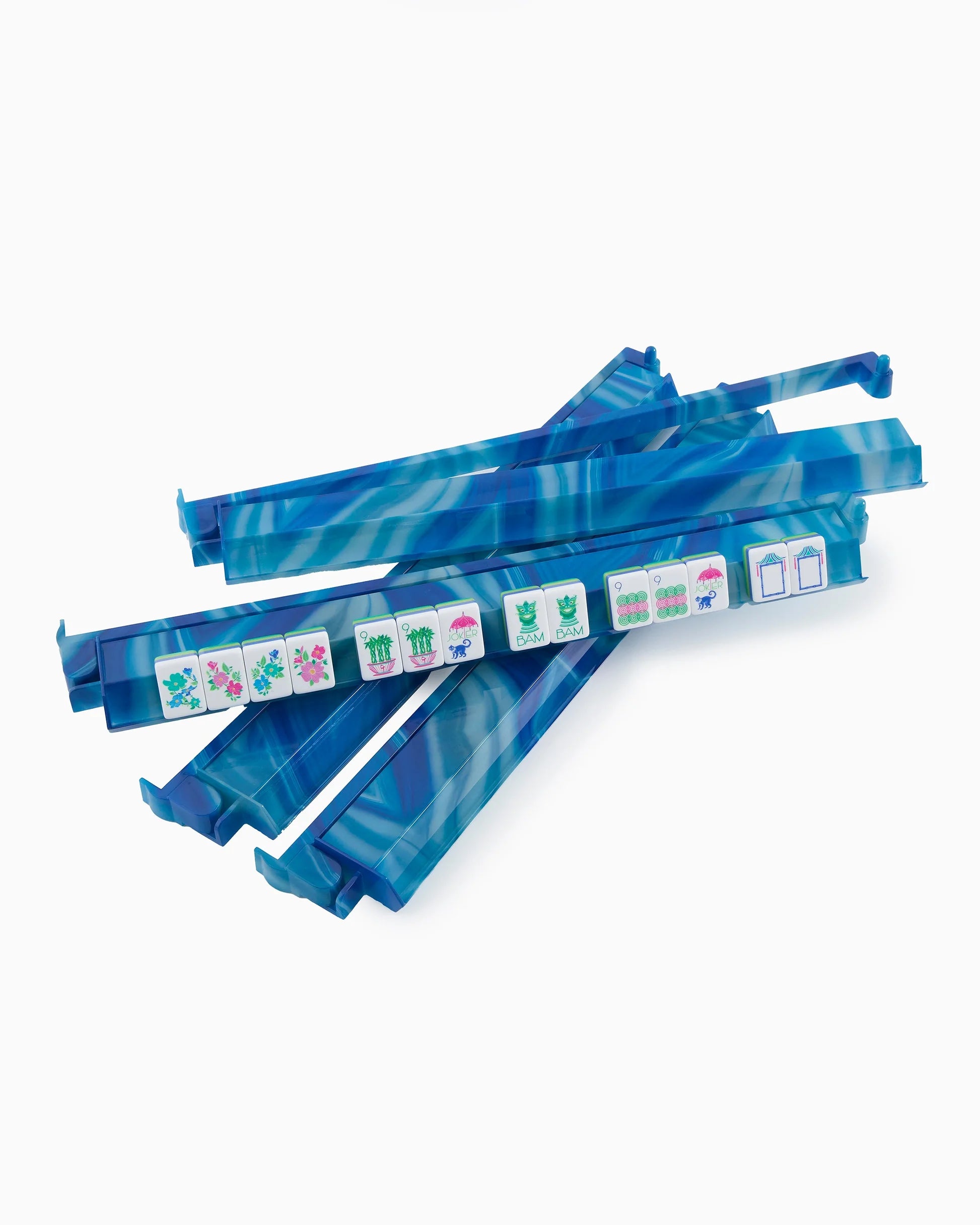 Blue marbled patterned mahjong rack and pusher set on a white background