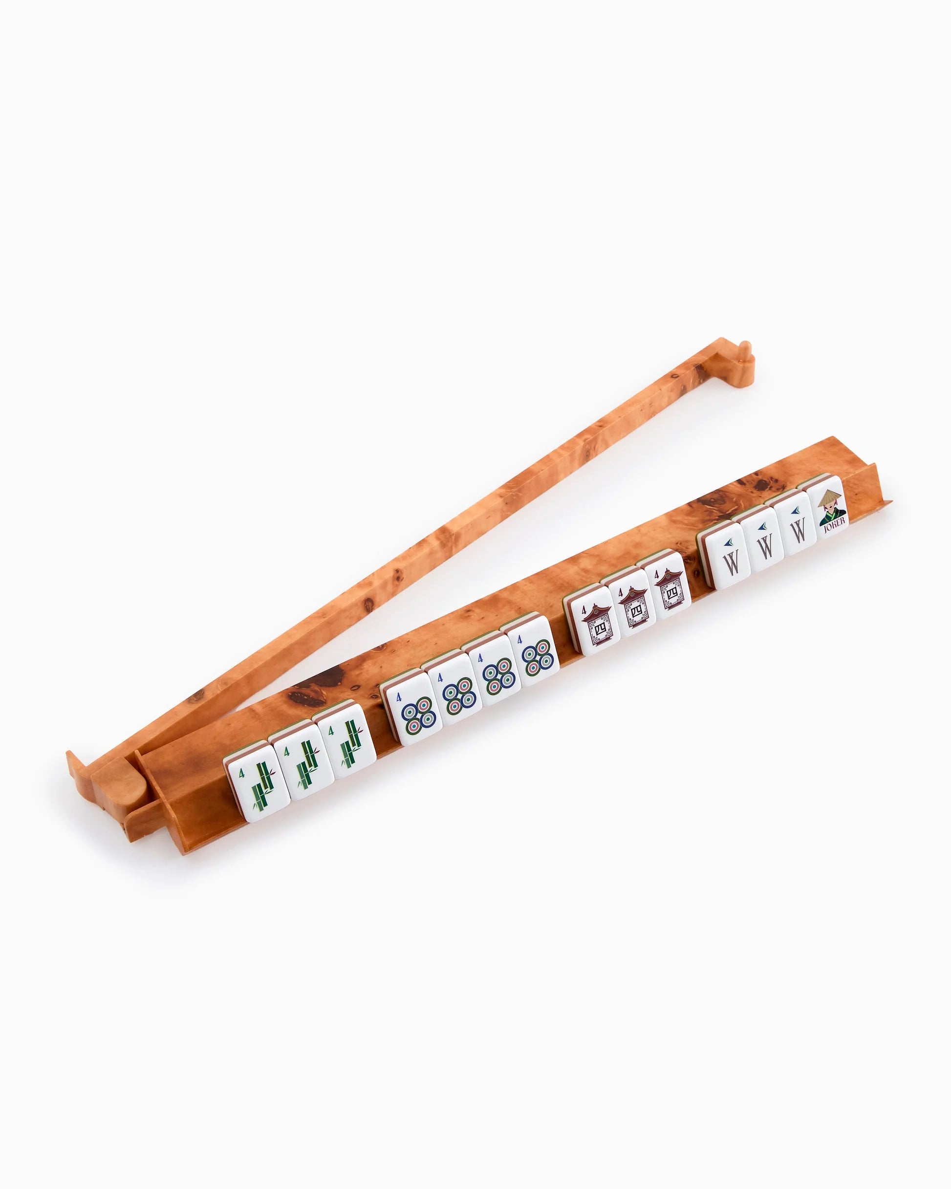 Wooden mahjong tile set with tiles on a white background