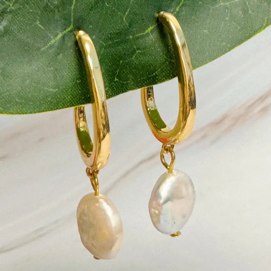 Dangle Pearl Gold Hoop Earrings