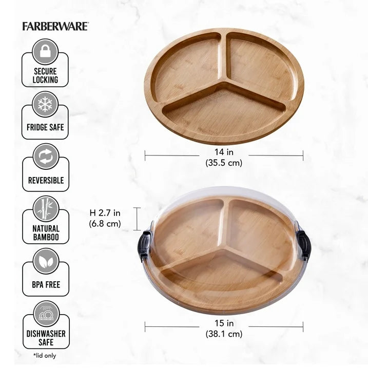 Farberware 14 in. Round Build-a-Board Round Bamboo Charcuterie Board With Three Compartments