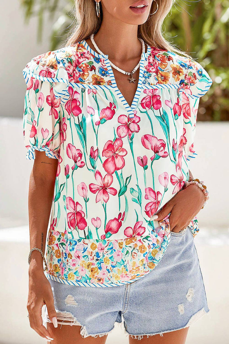 Floral Print Striped Detail Split Neck Blouse: Pink