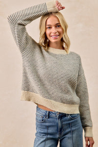 Two Tone Striped Sweater Top-Charcoal