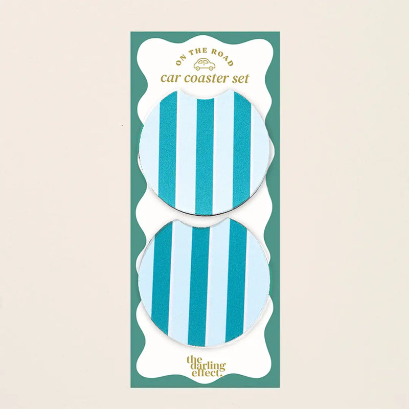 Car coaster set packaging with blue and white striped design on a beige background