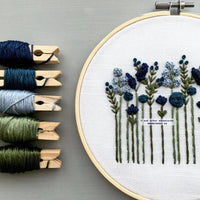 Embroidery hoop with floral design and spools of thread on a gray background
