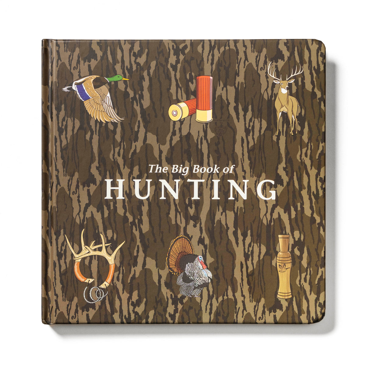 Book titled 'The Big Book of Hunting' with hunting-themed illustrations on a camouflage patterned cover.