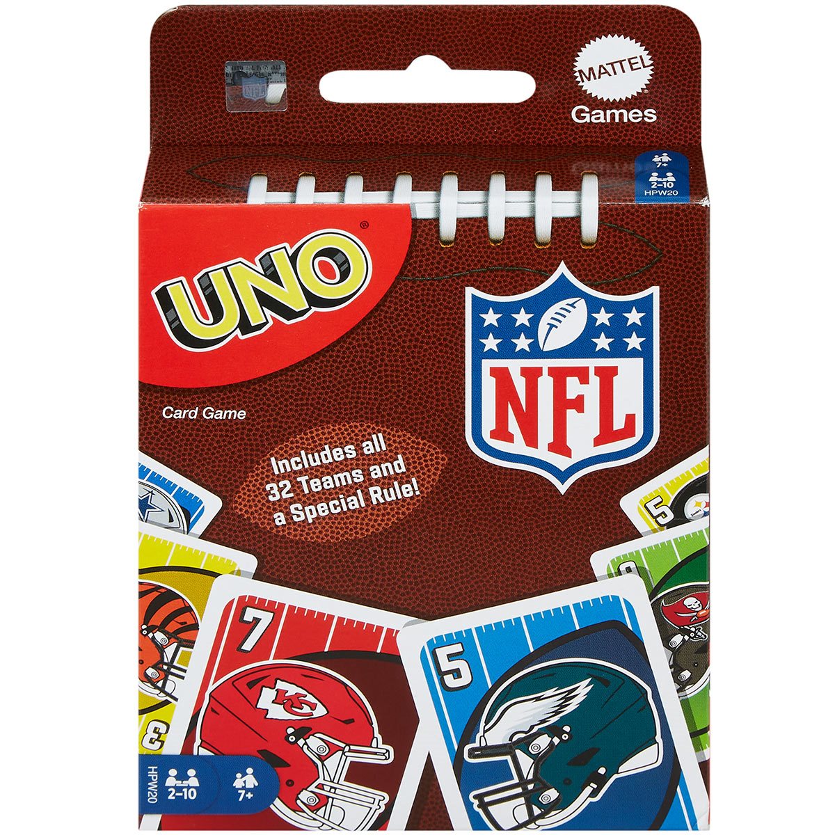 UNO card game packaging featuring NFL logo and football design