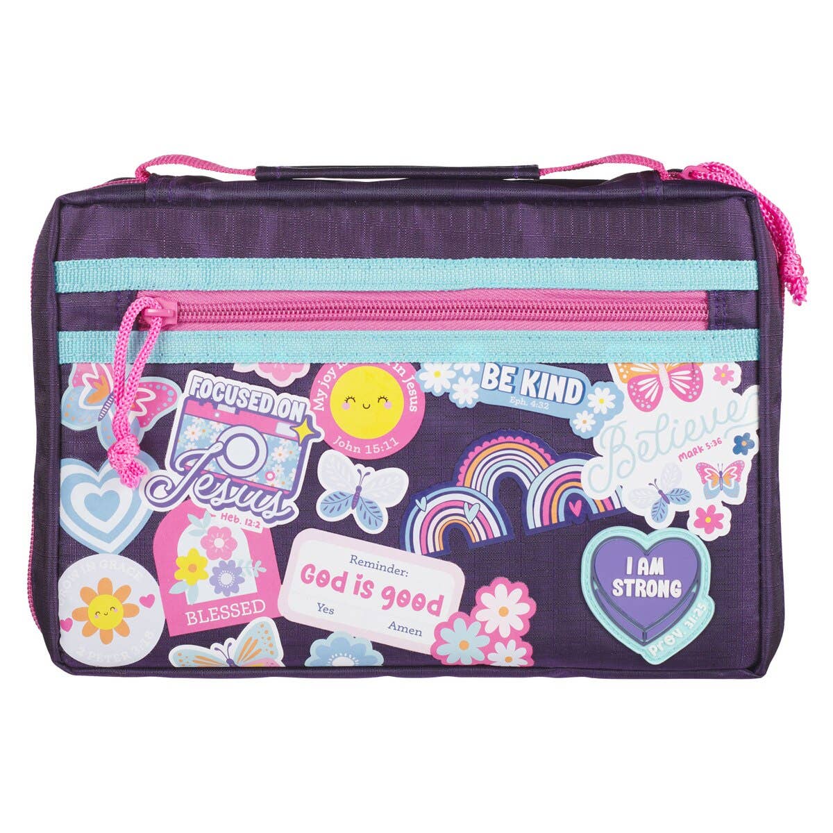 Purple pencil case with motivational stickers on a white background