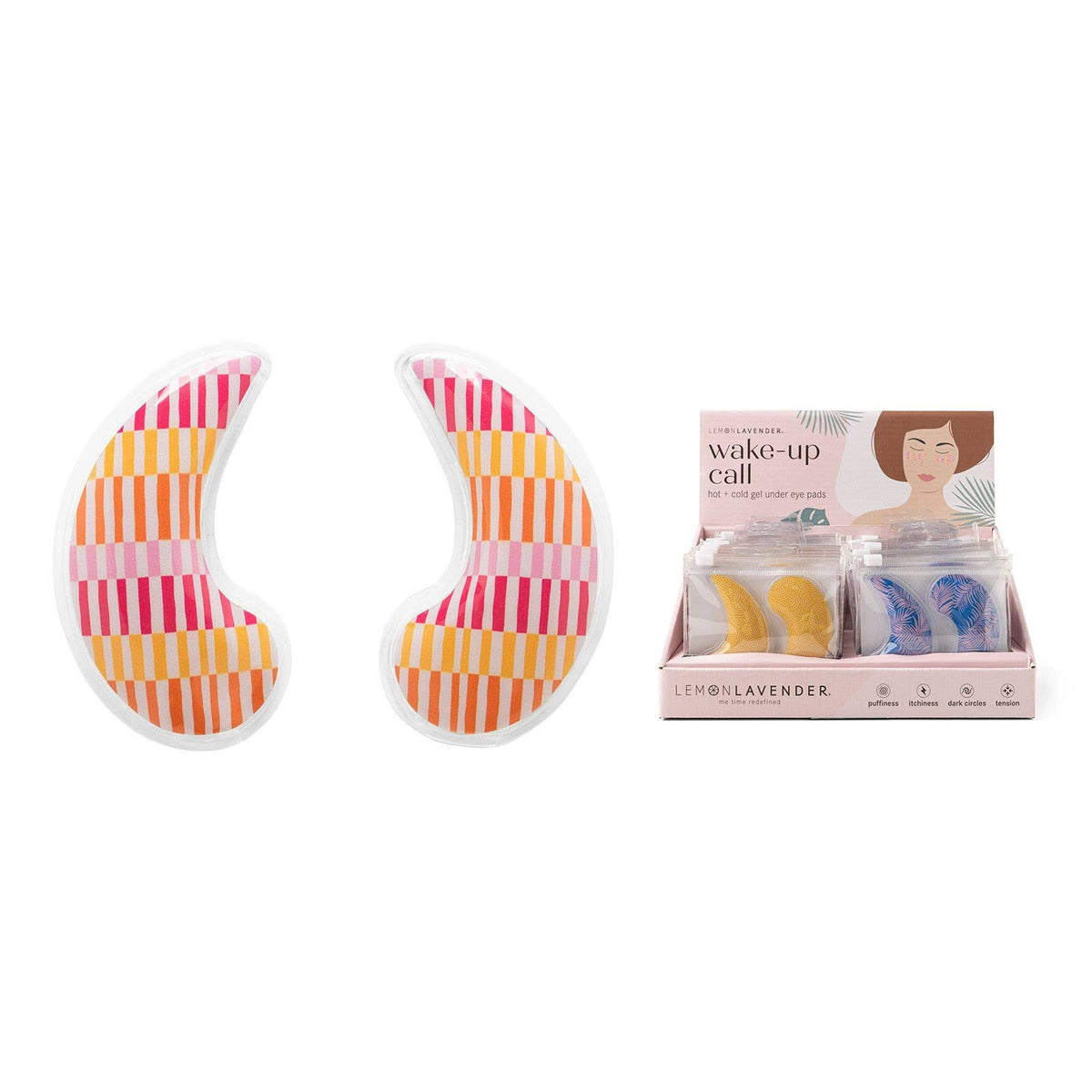 Colorful eye masks with striped pattern and a box labeled 'Wake-up call' on a white background.