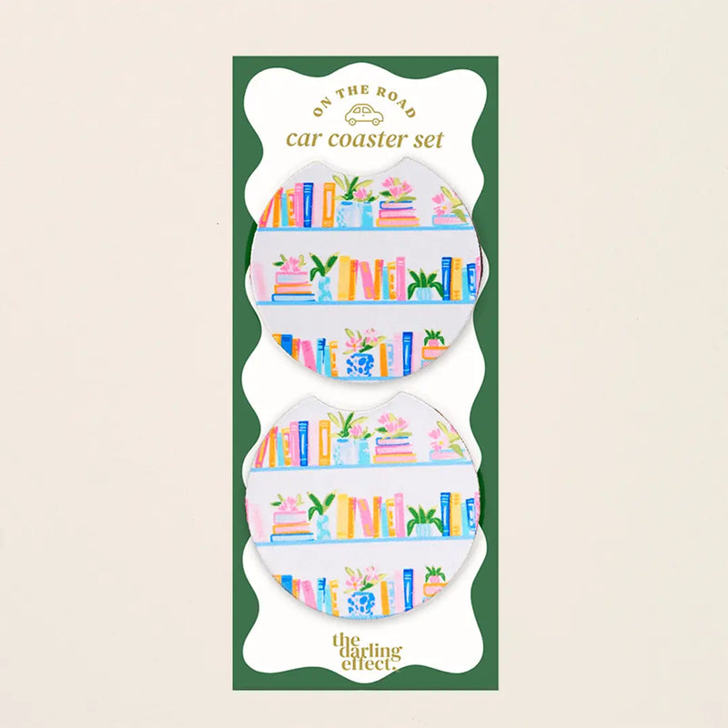 Car coaster set packaging with colorful design on a beige background