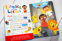 Children's book titled 'Daniel and the Lions' with colorful illustrations on a white background