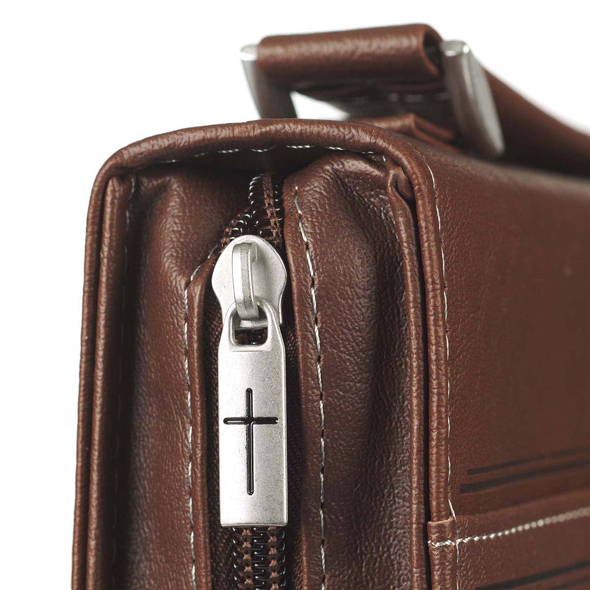 Brown leather wallet with a silver zipper featuring a cross design on a white background