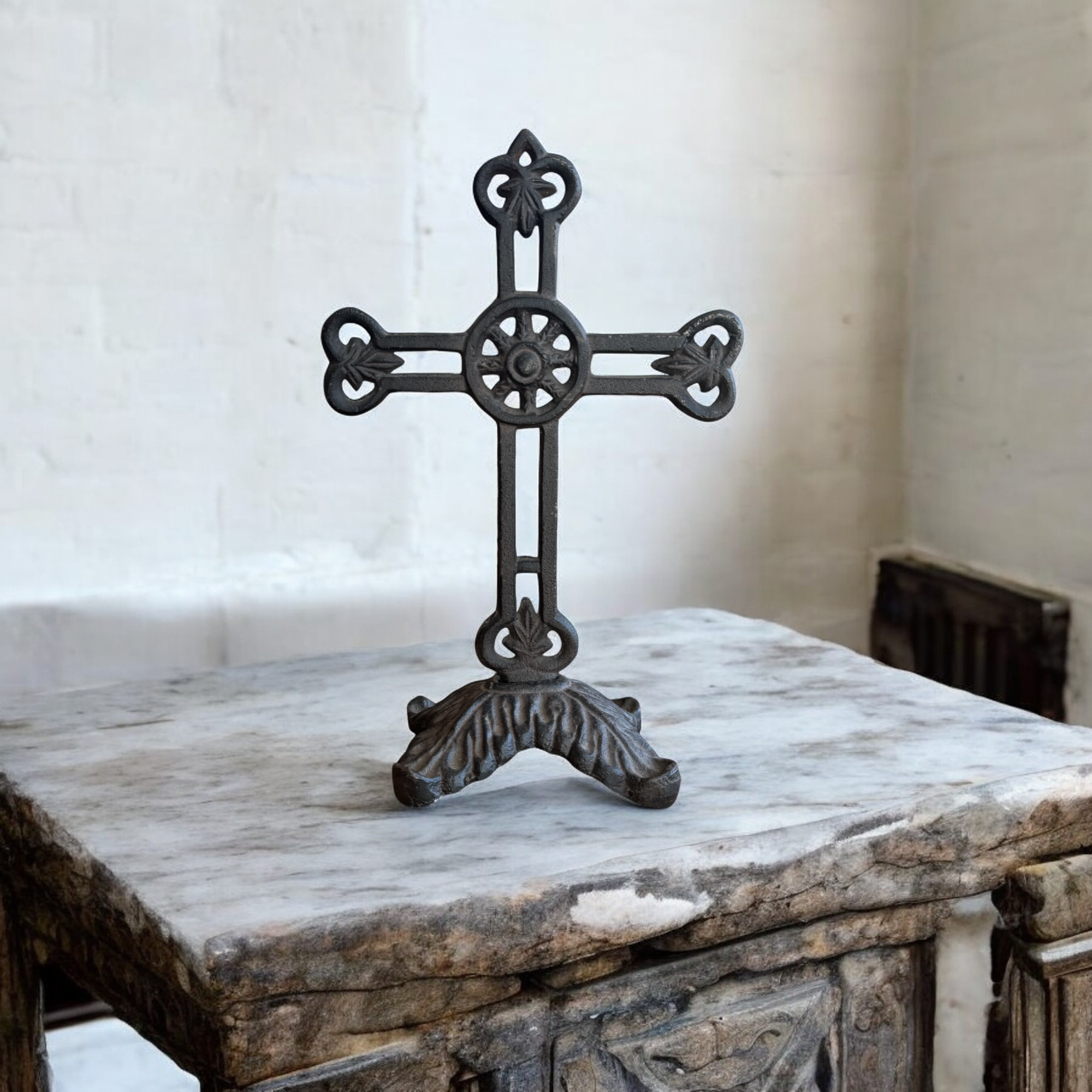 Cast Iron Filigree Table Cross on Rectangular Pedestal Base