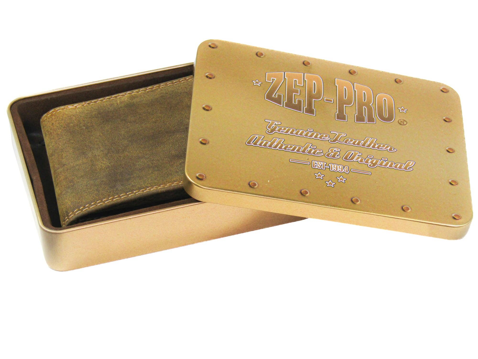 Brown leather wallet with gold box labeled 'ZEP-PRO' on a white background
