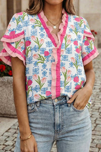 Floral Print Ruffled Trim V Neck Blouse