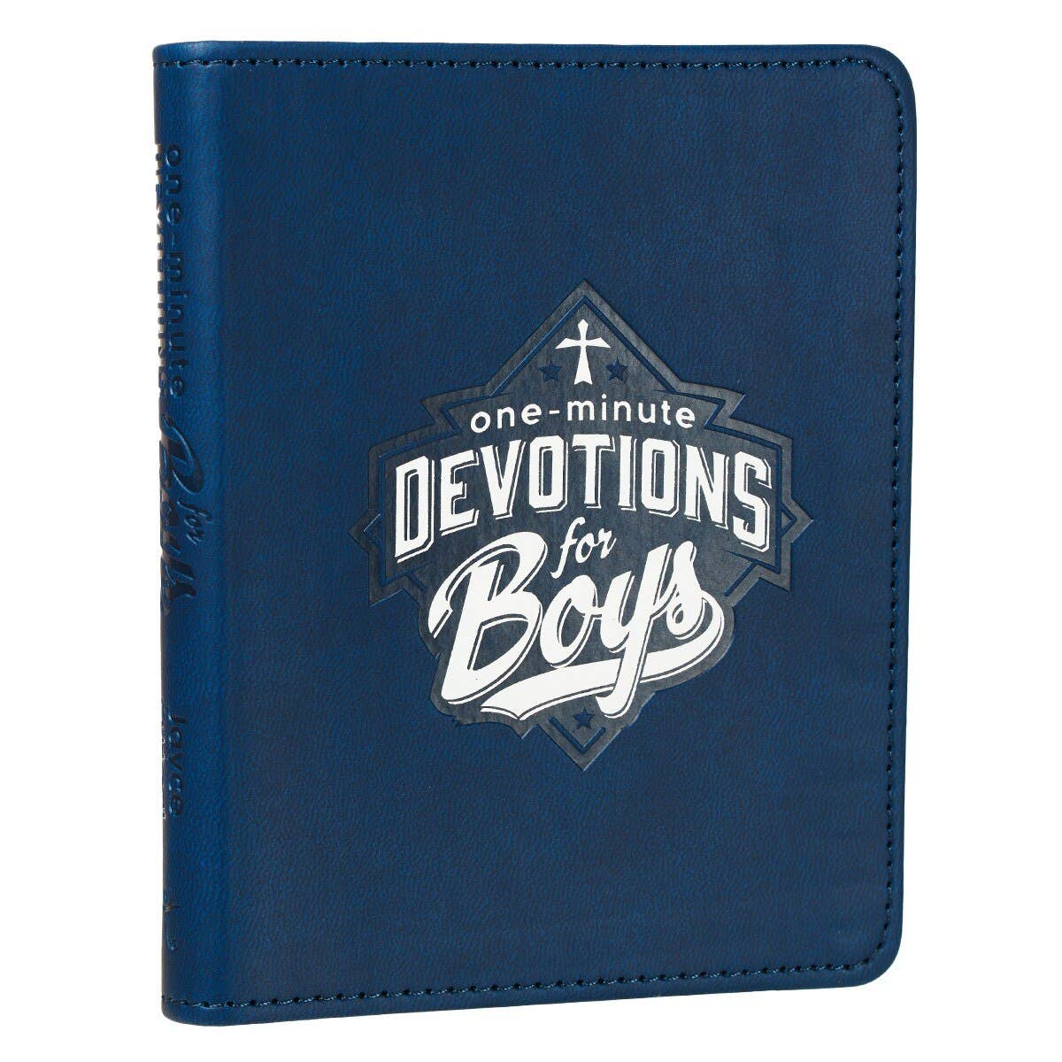 Blue book cover with 'one-minute Devotions for Boys' text and logo on a white background