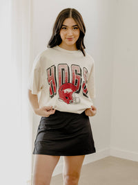 Arkansas Hogs Helmet Fade Off White Thrifted Tee