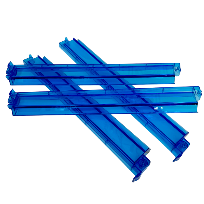 Blue transparent plastic strips on a white background