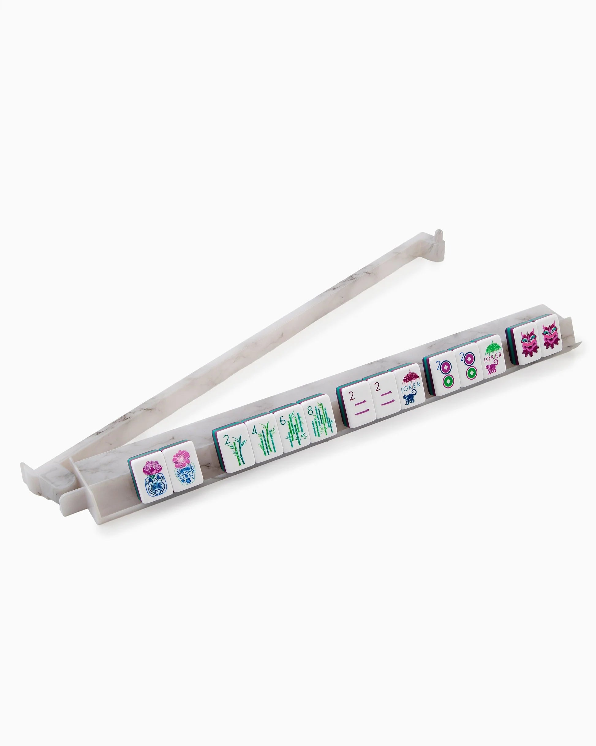 Stack of white mahjong pushers with colorful labels on a white background