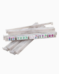 Stack of white mahjong pushers with colorful labels on a white background