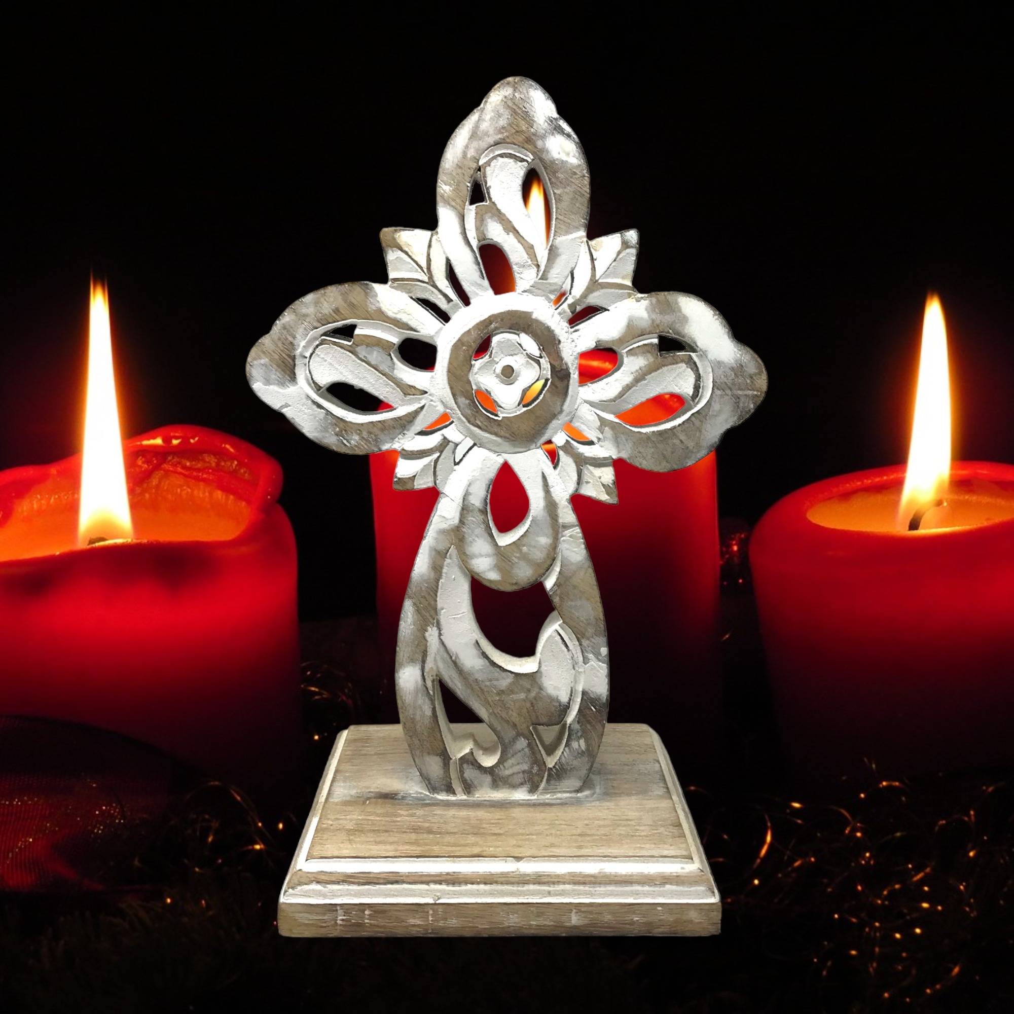 Double Sided Carved Mango Wood San Cristobal Table Cross