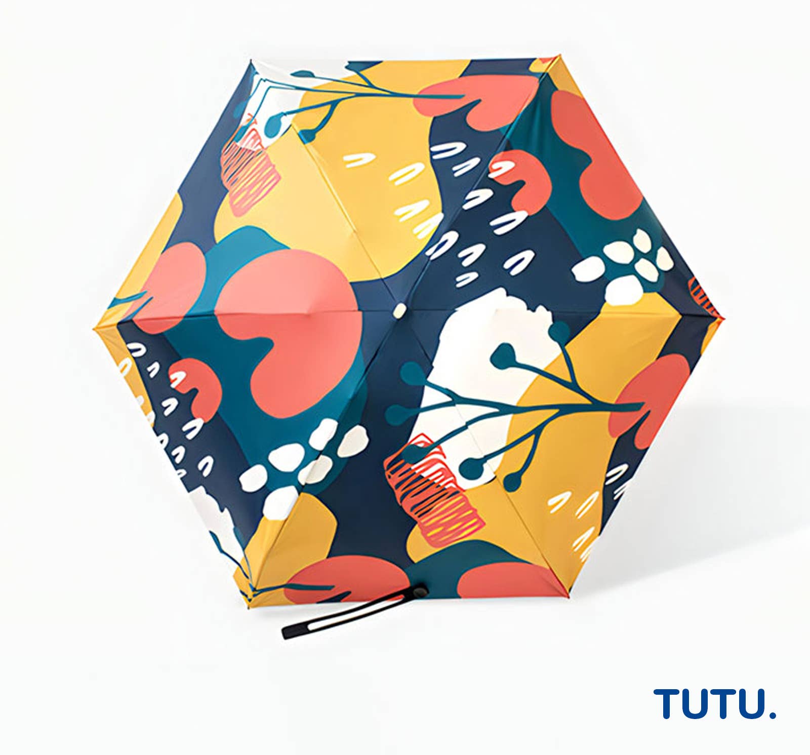 Colorful floral-patterned umbrella with 'TUTU.' branding on a white background