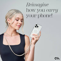 Woman holding a phone with a chain case against a gray background, text 'Reimagine how you carry your phone!'.
