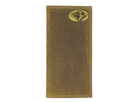 Brown leather wallet with a gold emblem on a white background