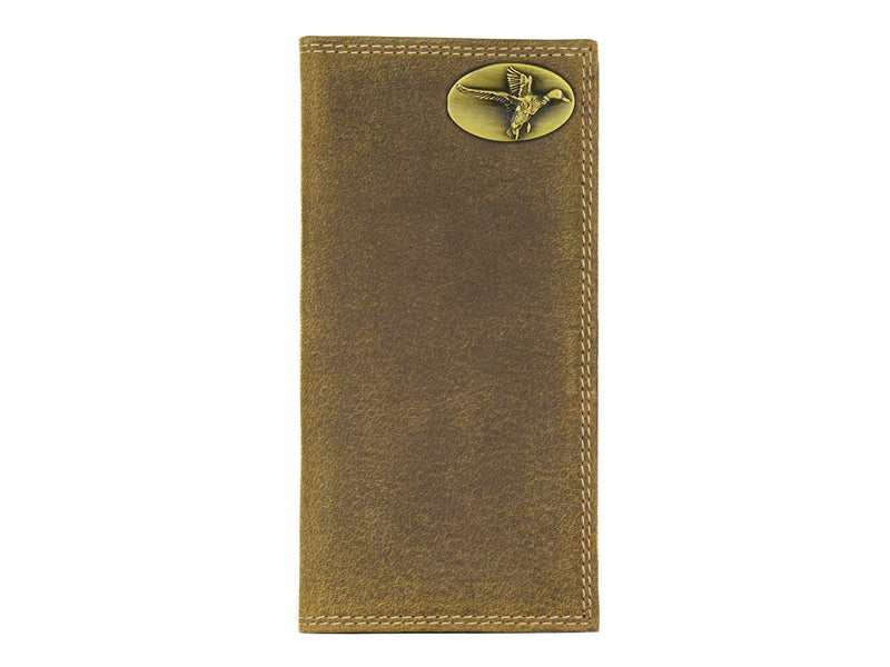 Brown leather wallet with a gold emblem on a white background