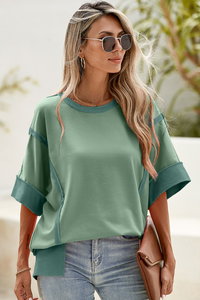 Half Sleeve Raw Seam High Low Side Split Top: Smoke Green