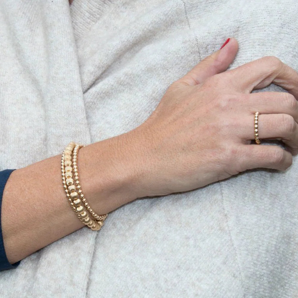Hand wearing a gold ring and bracelet on a light gray background