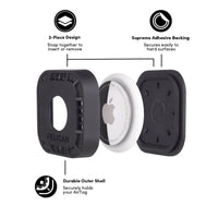 Black protective case for Apple AirTag with features highlighted on a white background