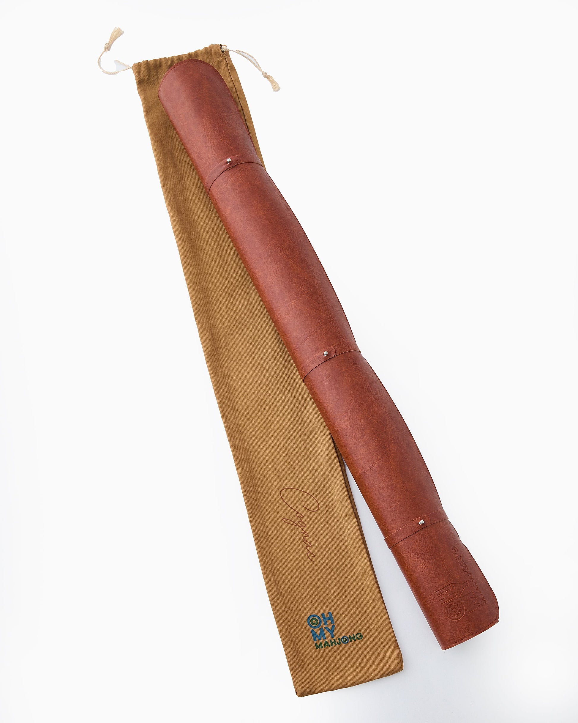 Brown Leather Mahjong Mat rolled in a canvas bag
