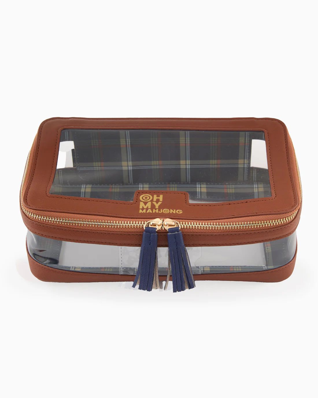 Brown travel case with stripe pattern and 'OH MY MAHJONG' branding on a brown background