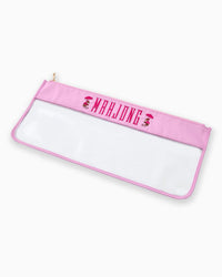 Pink pouch with clear front and 'Mahjong' text on a white background