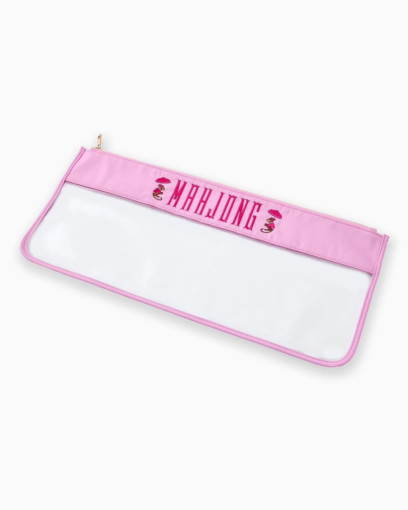 Pink pouch with clear front and 'Mahjong' text on a white background